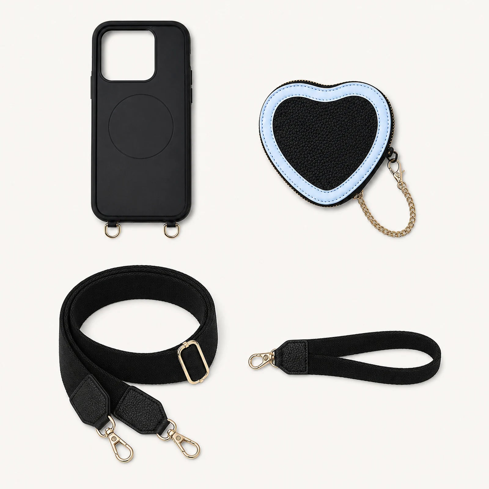 Custom Heart Pouch Crossbody Phone Case components and strap layout