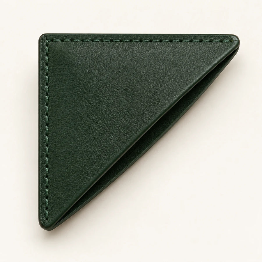 Forest-green triangular leather corner bookmark development view