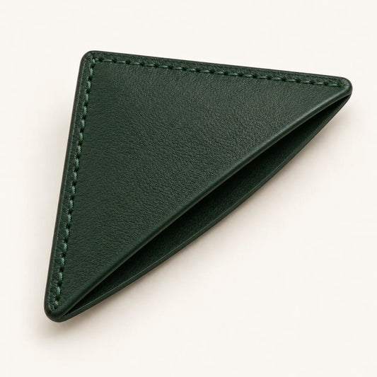 Reverse side and open diagonal pocket of the leather page-corner bookmark