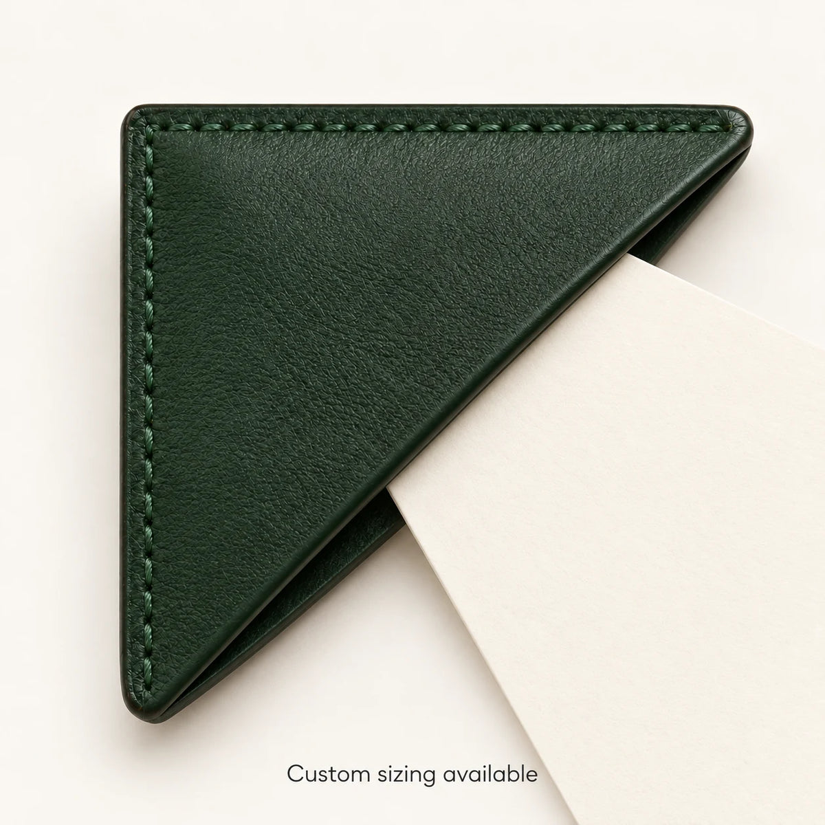 Page insertion direction for the leather corner bookmark; custom sizing available