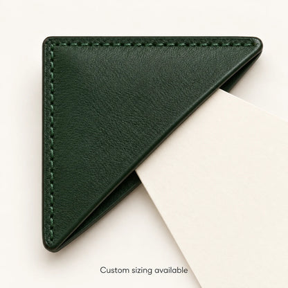 Page insertion direction for the leather corner bookmark; custom sizing available