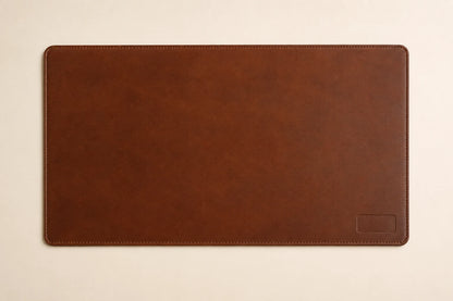 Top-down view of custom brown leather desk mat with stitched border and rounded corners