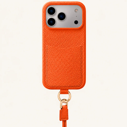 Orange top-grain leather iPhone 17 Pro Max case front view