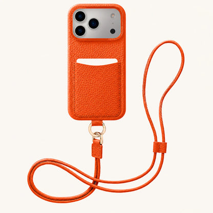 Orange top-grain leather iPhone 17 Pro Max case angled view