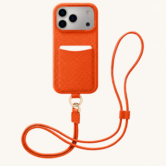 Orange top-grain leather iPhone 17 Pro Max case angled view