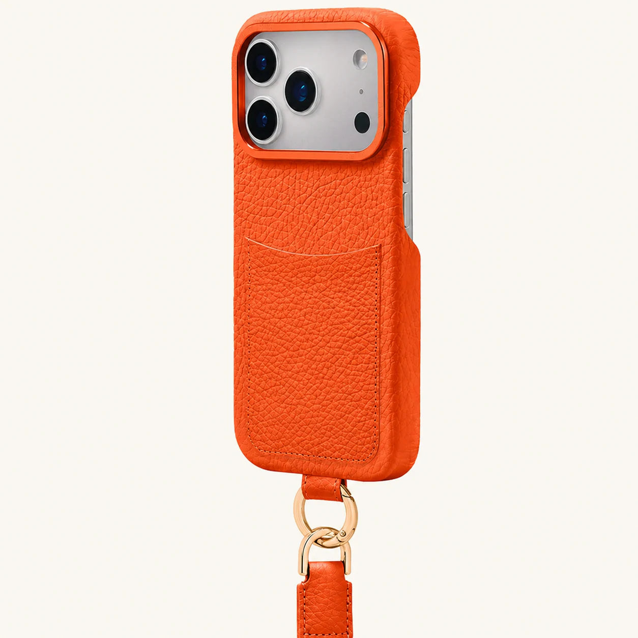 Orange top-grain leather iPhone 17 Pro Max case side view