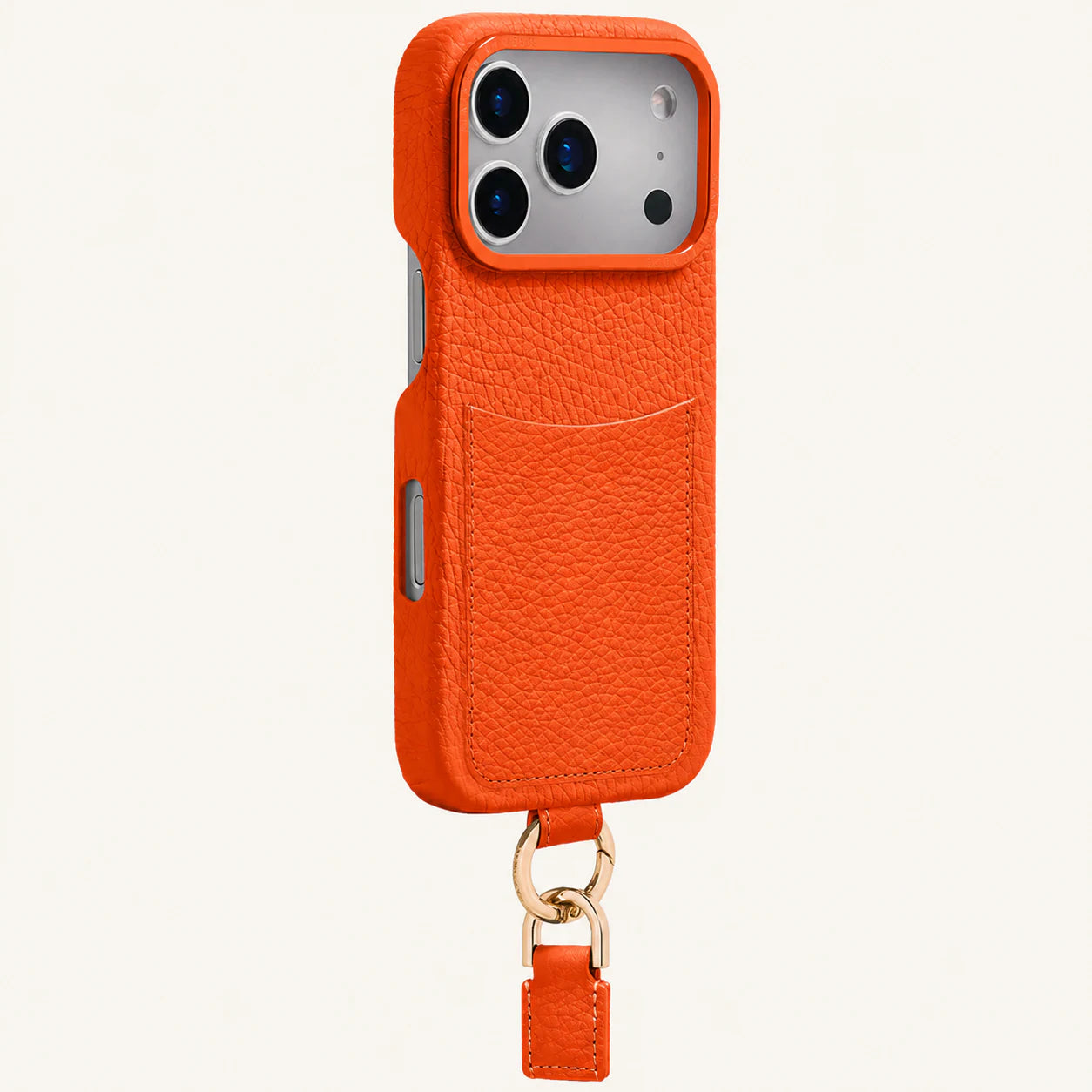 Orange top-grain leather iPhone 17 Pro Max case in-hand view