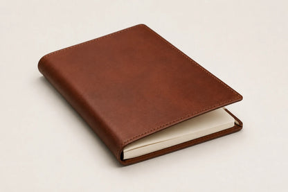 Angled view of custom leather journal notebook with blank cream paper insert