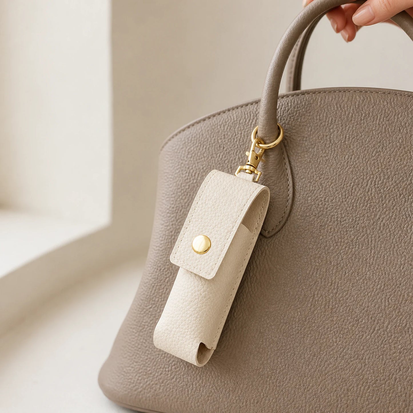 Portable lipstick holder clipped to a handbag as a compact bag charm