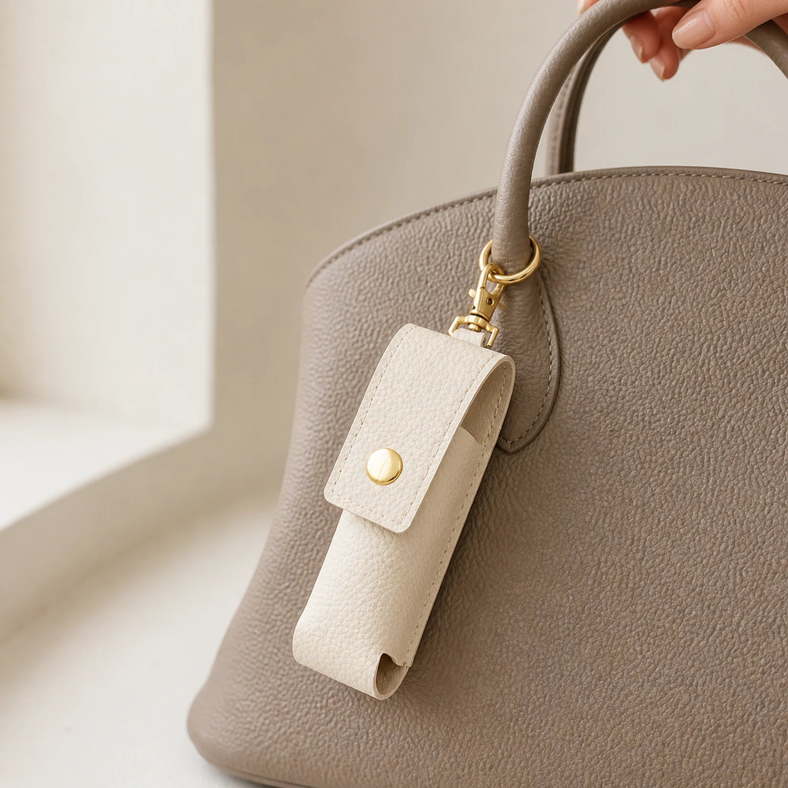 Portable lipstick holder clipped to a handbag as a compact bag charm