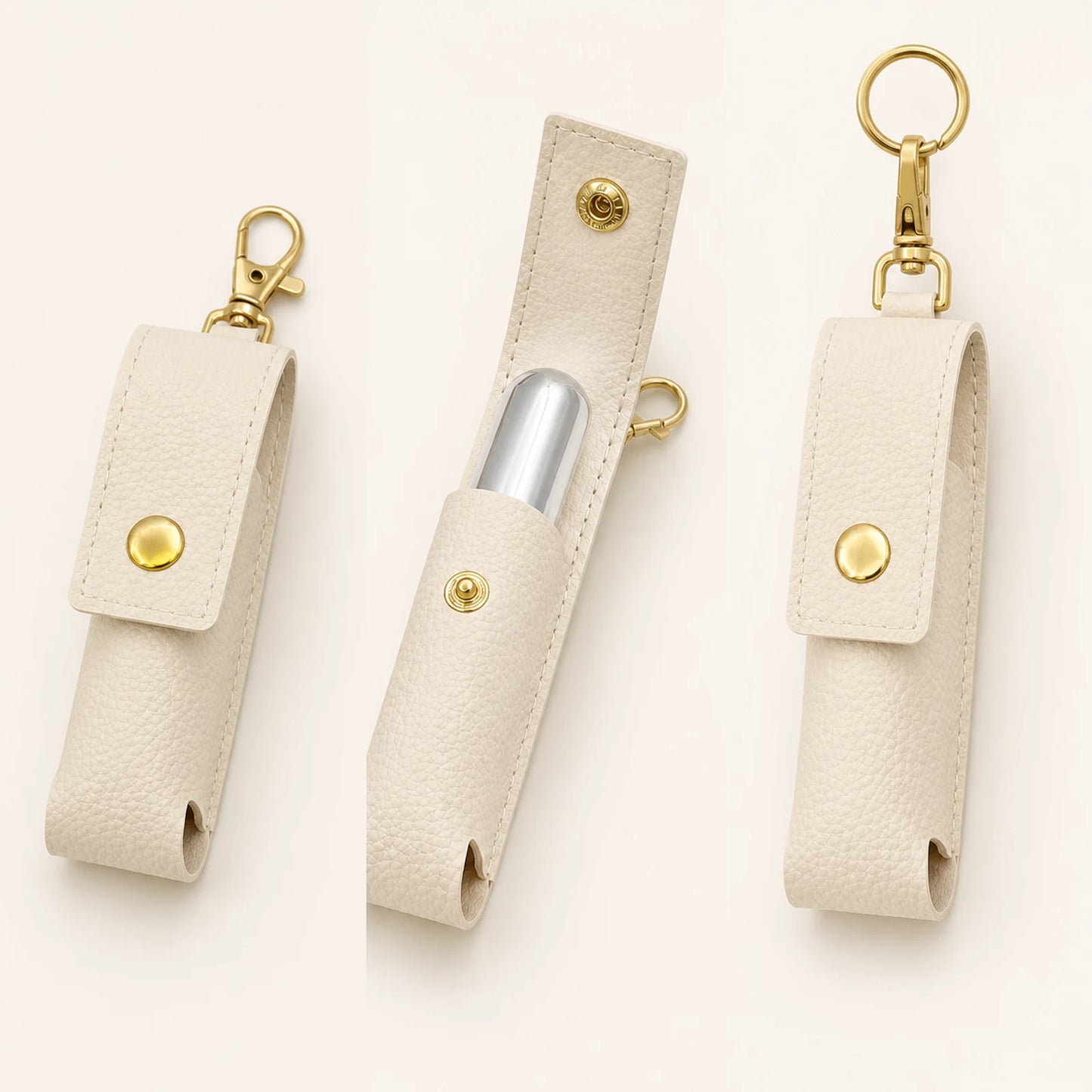 Closed, open and clipped views of the lipstick holder keychain structure