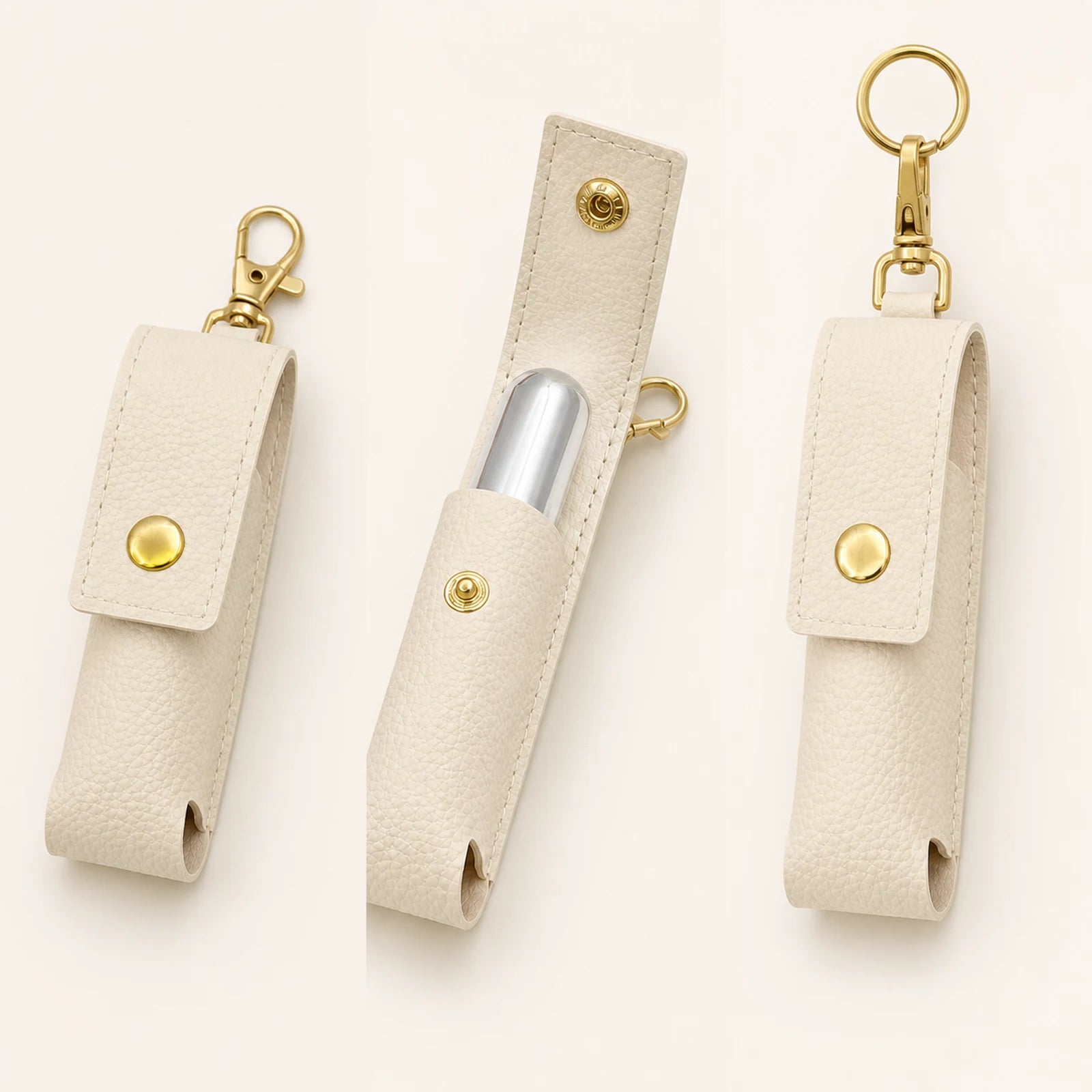 Closed, open and clipped views of the lipstick holder keychain structure