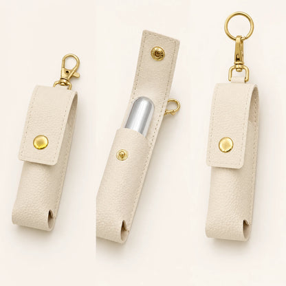 Closed, open and clipped views of the lipstick holder keychain structure