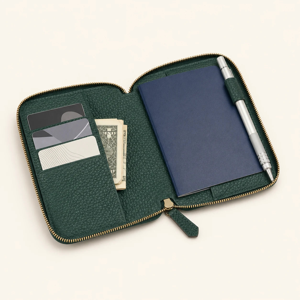 卵石纹牛皮拉链护照钱包套，带信用卡槽和笔槽，批发oem (Wholesale/OEM Manufacturer) - image 03