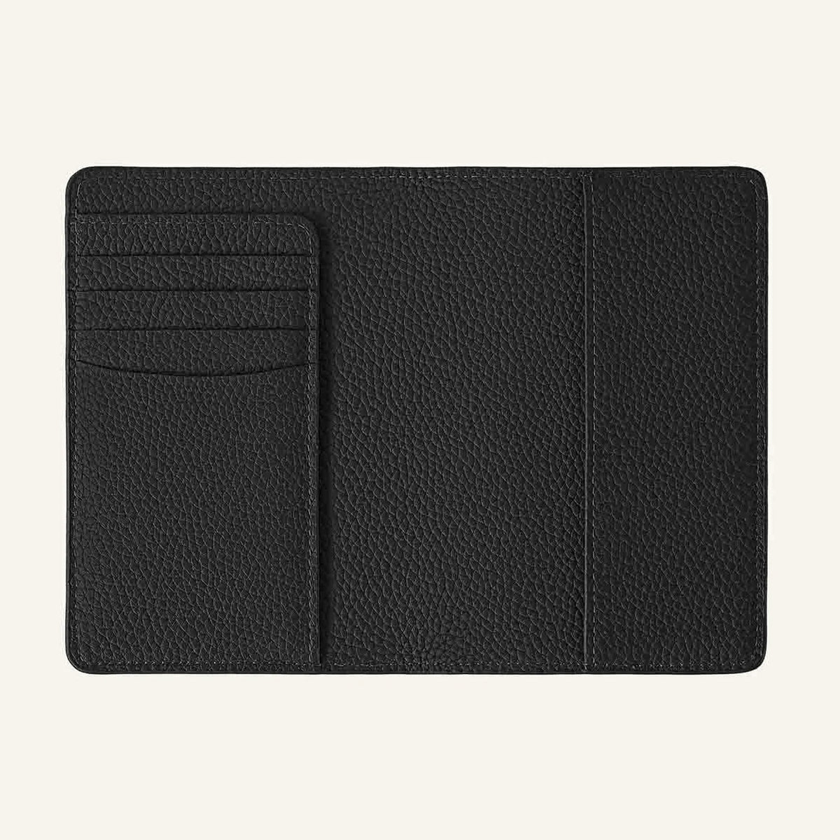 Open black leather passport holder with three card slots and passport-retaining flaps