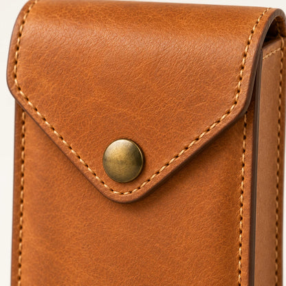 Close-up of the snap, tan stitching and finished edge on the card case