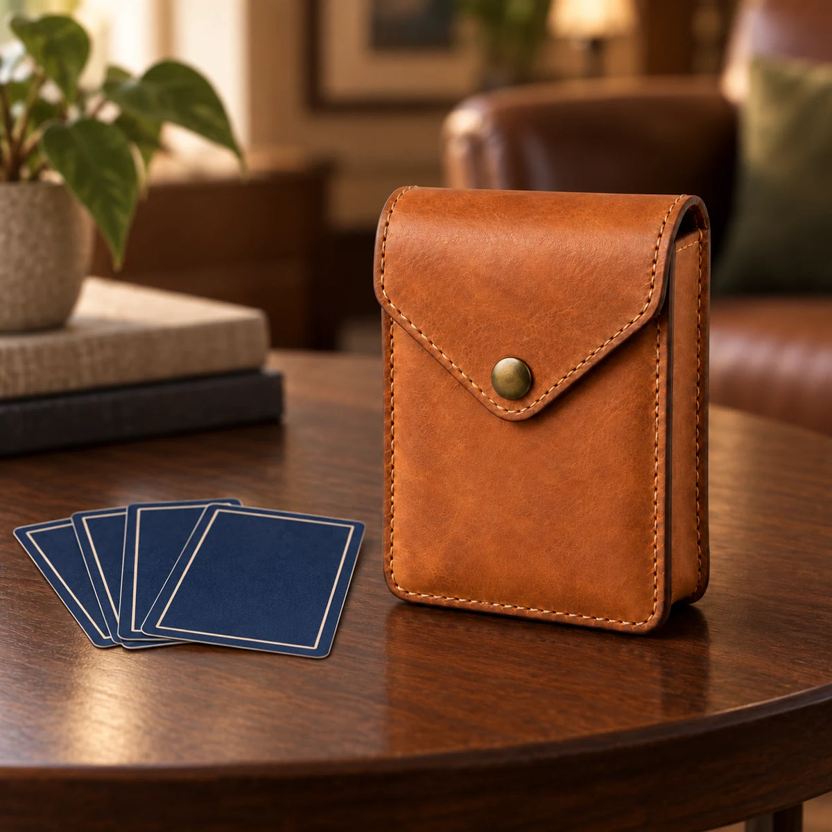 Leather playing card case with unbranded card backs in a tabletop scene