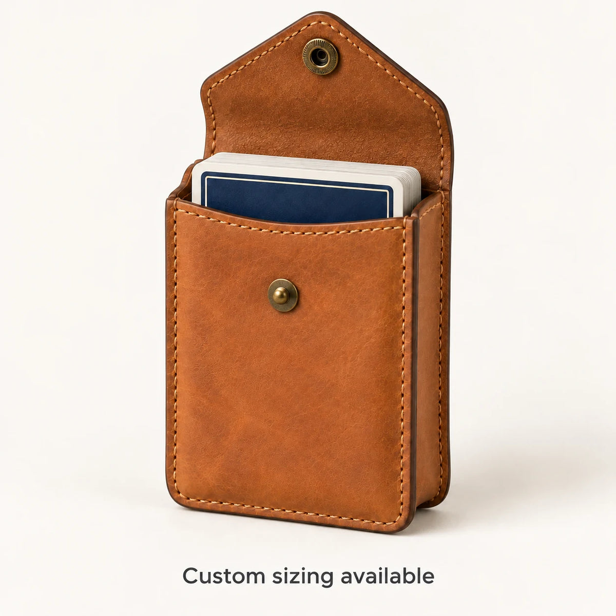 Open leather case holding one selected card deck; custom sizing available