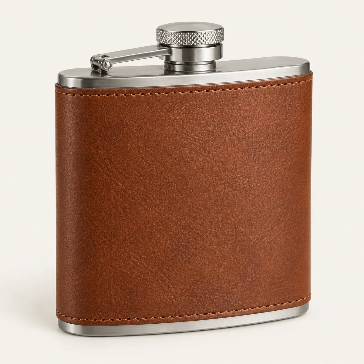 Cognac leather-wrapped hip flask OEM development view with captive screw cap