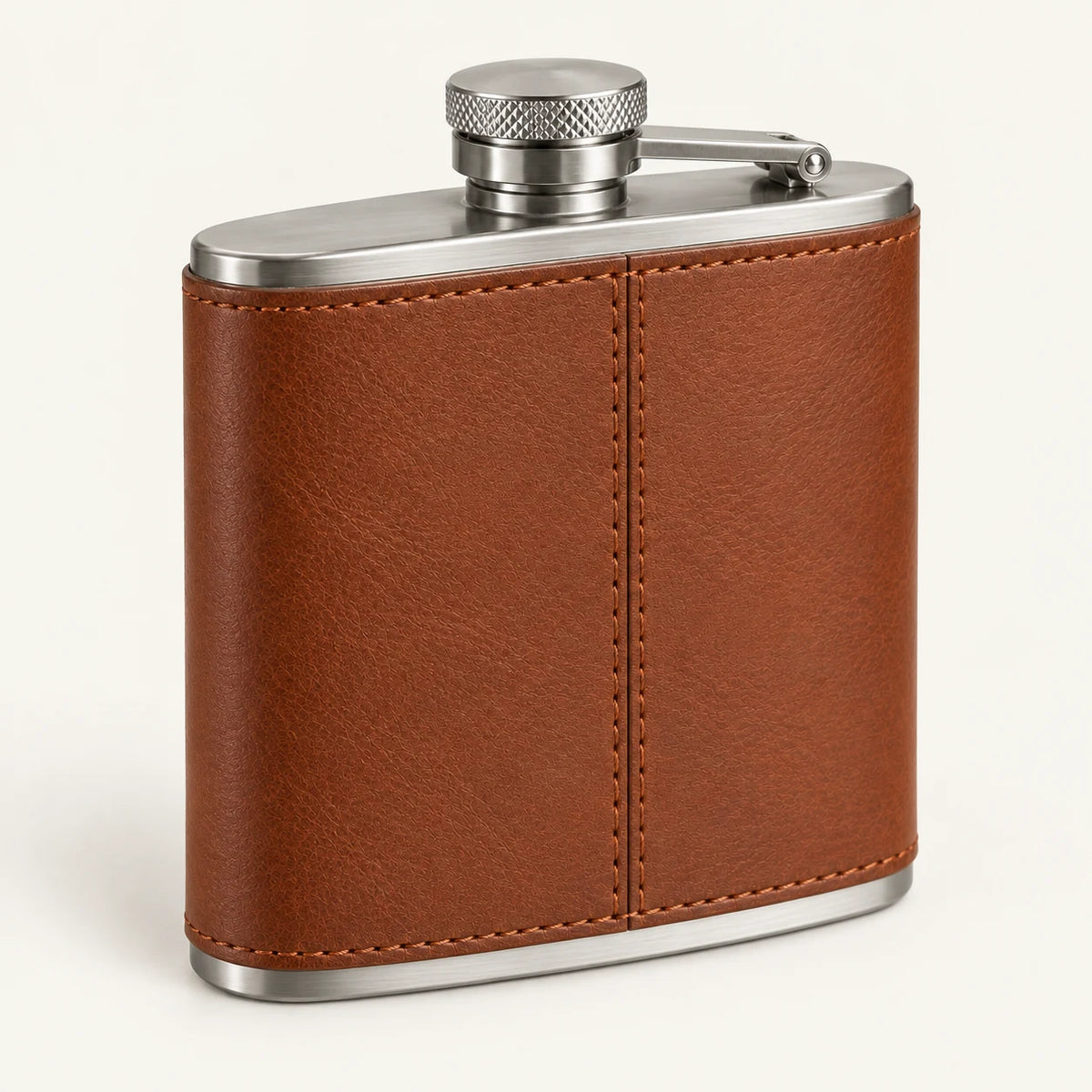 Rear join and perimeter stitching on cognac leather hip flask wrap