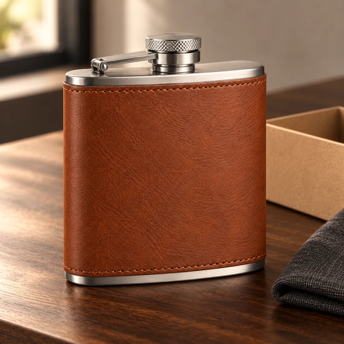 Leather-wrapped hip flask gift-program scene; packaging and styling props quoted separately