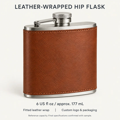 Proposed six US fluid ounce leather-wrapped flask capacity, approximately 177 millilitres; sample confirmation required