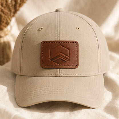 Custom logo leather patch sewn onto plain neutral baseball cap