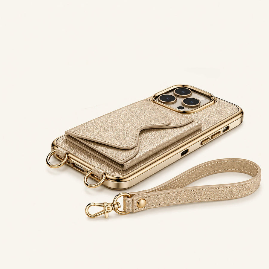 Custom Metallic Gold Wallet Crossbody Phone Case side and back construction view