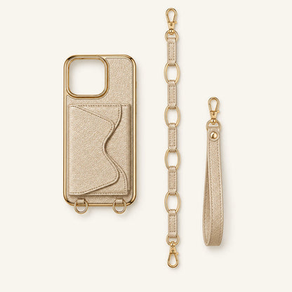 Custom Metallic Gold Wallet Crossbody Phone Case components and strap layout