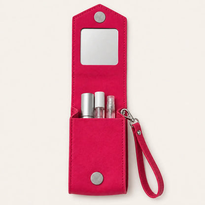 Open lipstick case showing square mirror and three cosmetic compartments