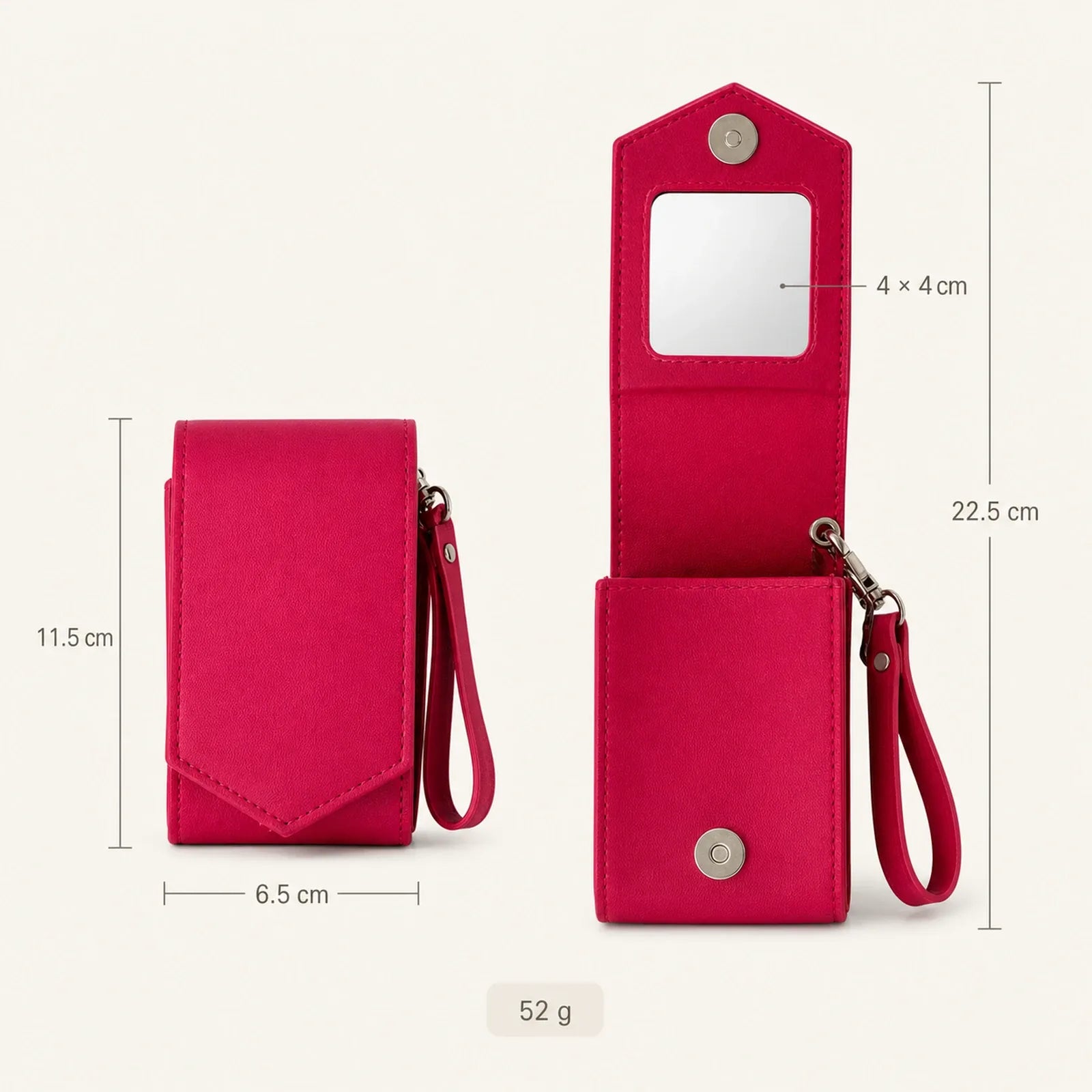 Lipstick case size guide showing closed dimensions, open height, mirror size and reference weight