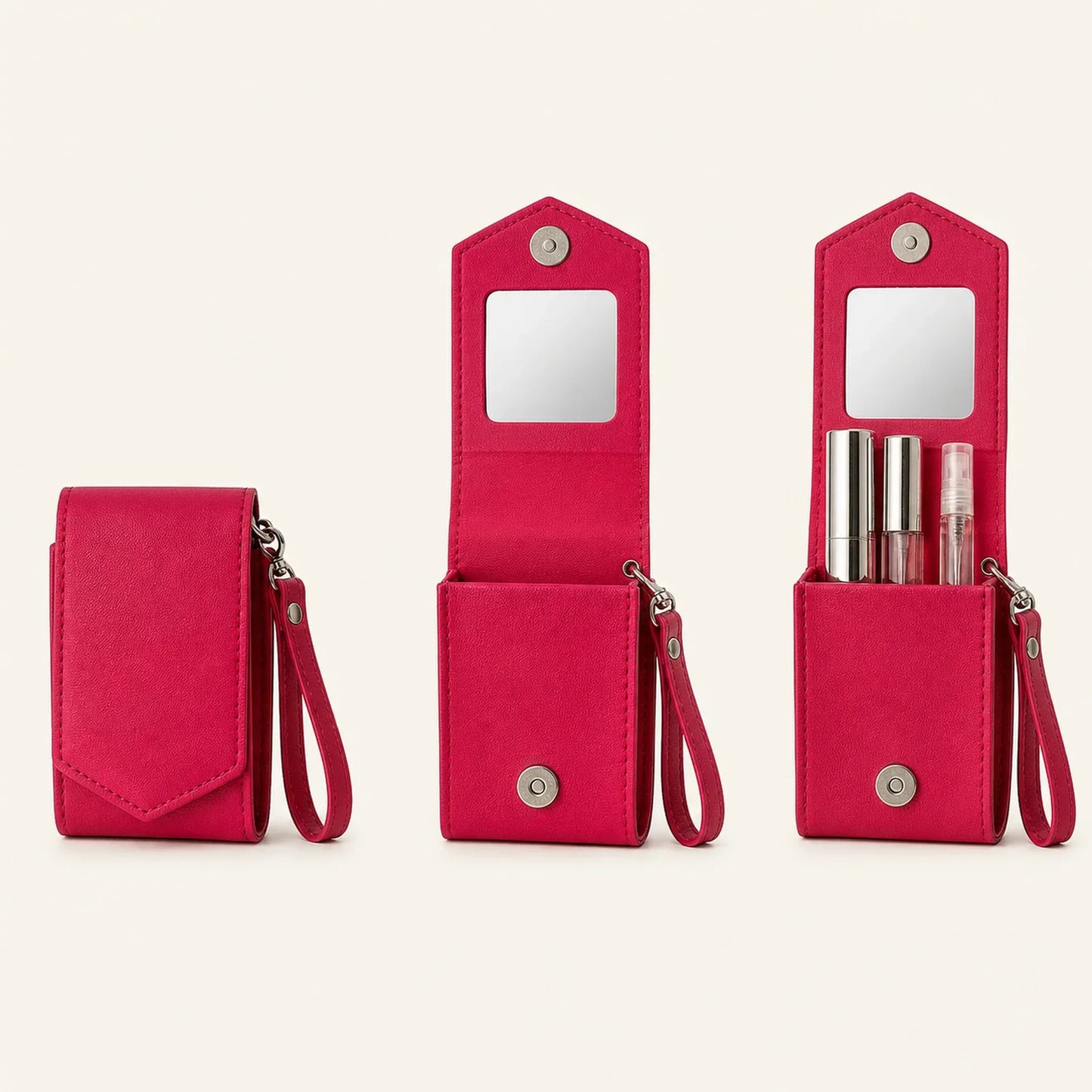 Closed, open and filled views of the lipstick case structure