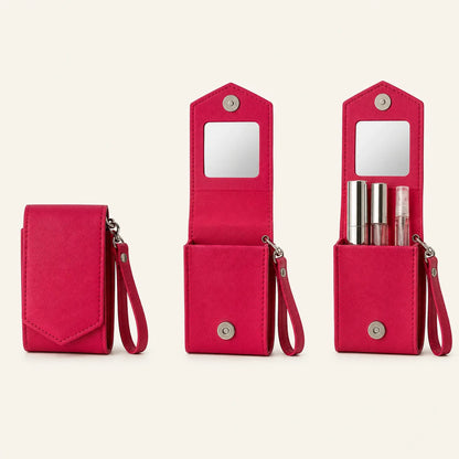 Closed, open and filled views of the lipstick case structure