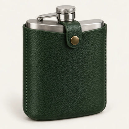 Forest-green leather flask pouch set with a front snap-retaining tab