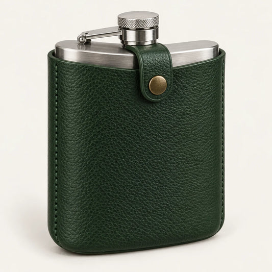 Forest-green leather flask pouch set with a front snap-retaining tab