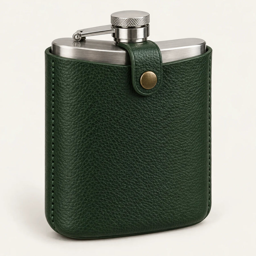Forest-green leather flask pouch set with a front snap-retaining tab