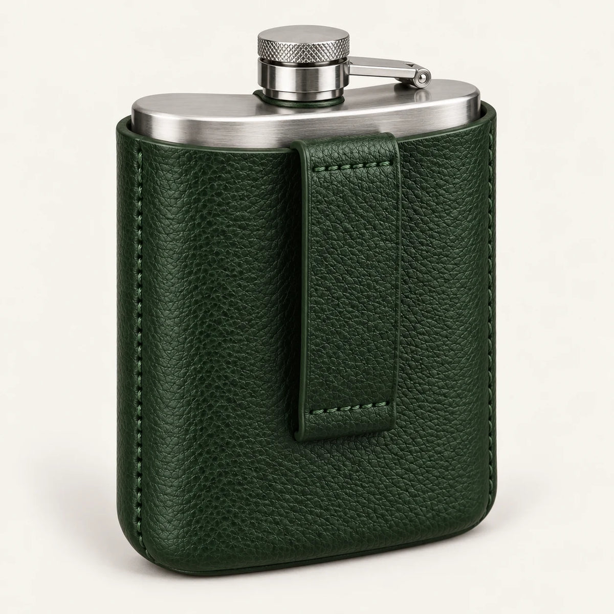 Rear belt loop on the removable green leather hip flask pouch