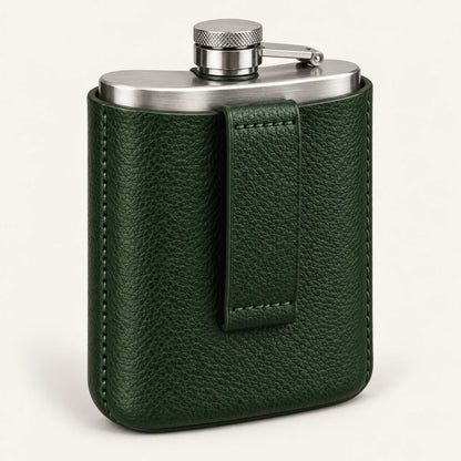 Rear belt loop on the removable green leather hip flask pouch
