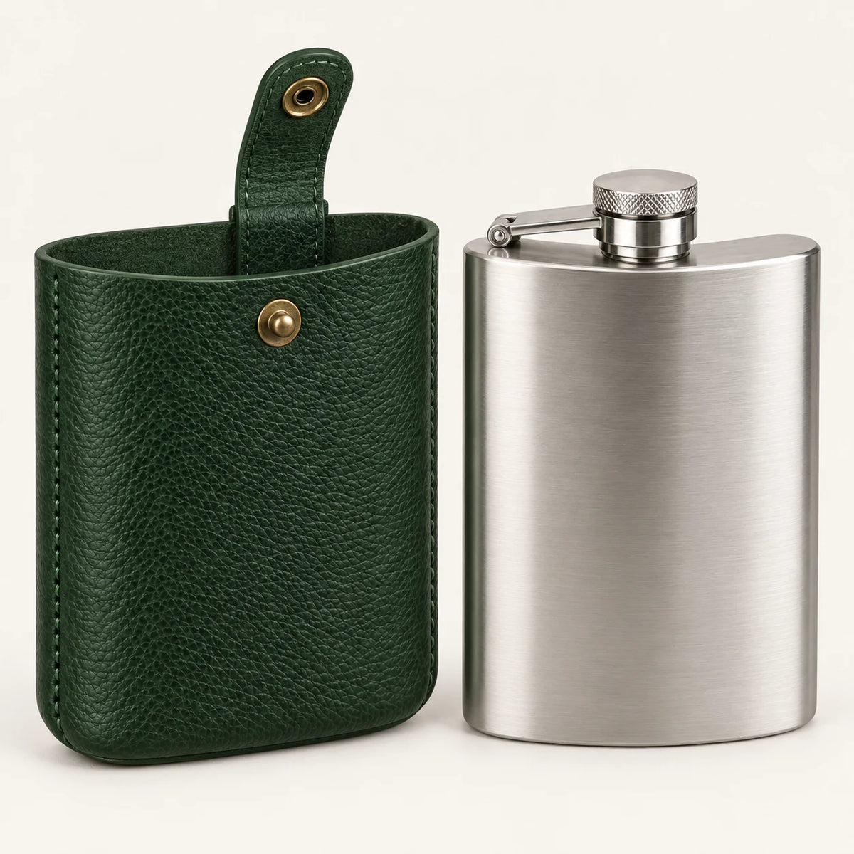 Separate empty leather pouch and removable metal flask showing the set construction