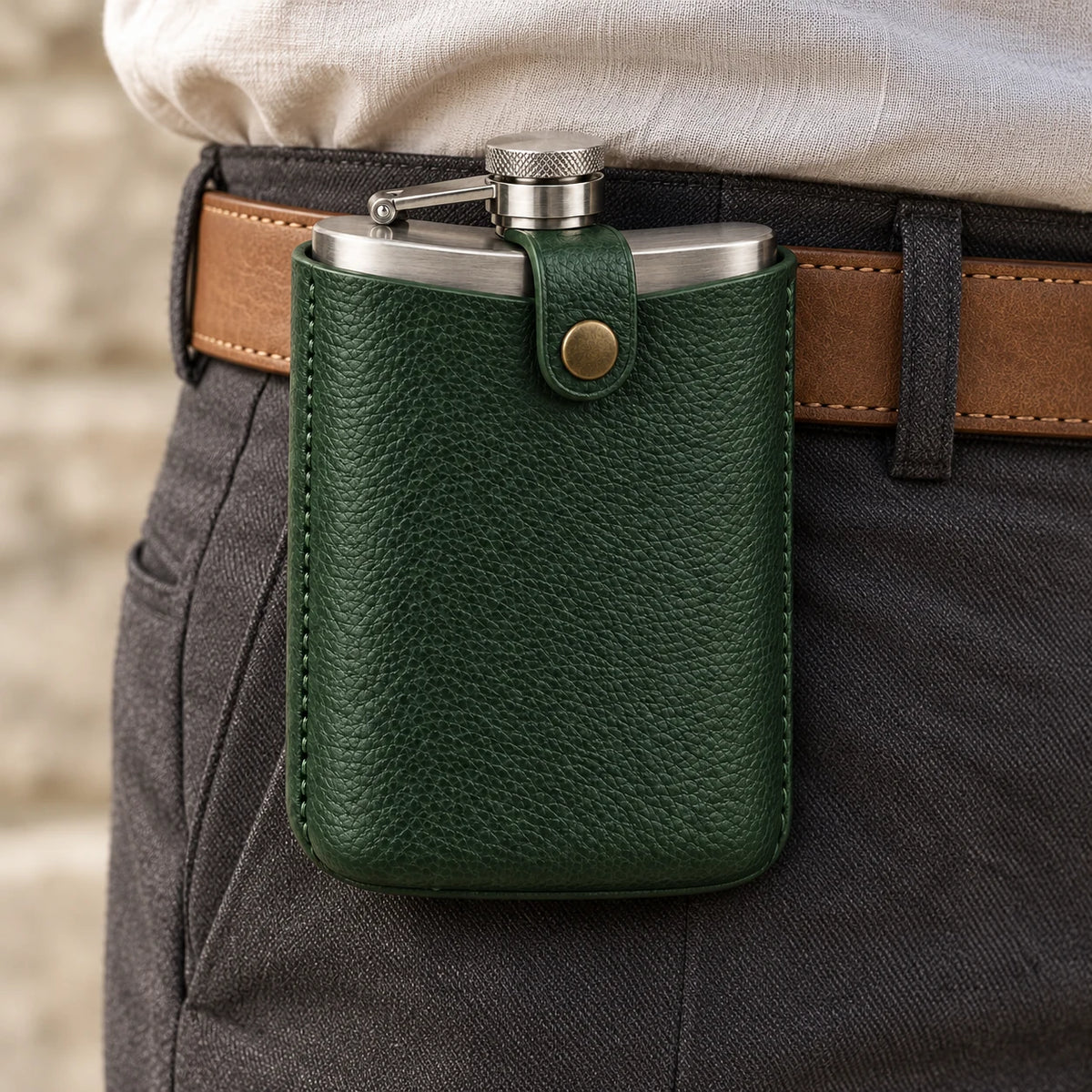 Green leather flask pouch shown on a belt; belt and clothing are styling props