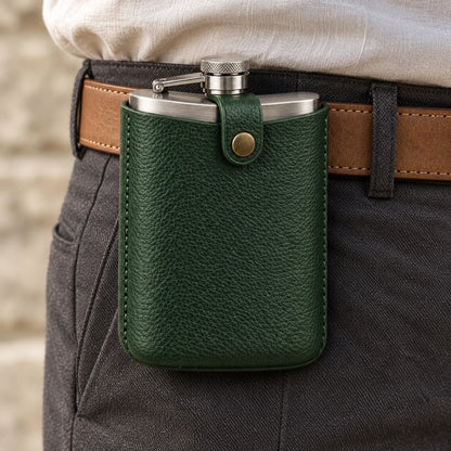 Green leather flask pouch shown on a belt; belt and clothing are styling props