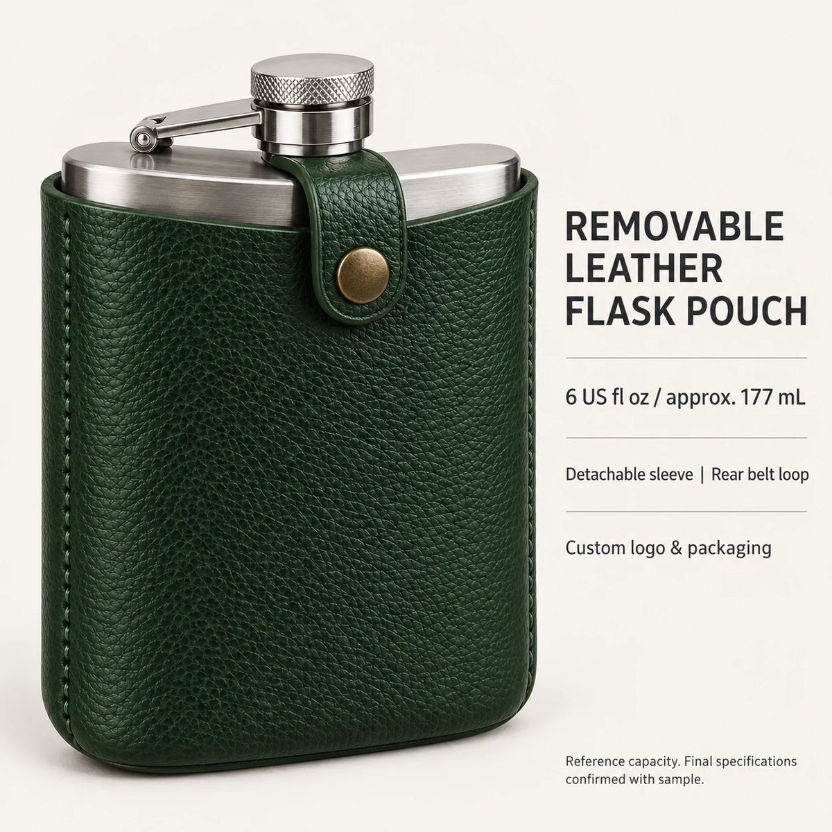 Six US fluid ounce flask set development capacity, approximately 177 millilitres; final specifications confirmed on sample