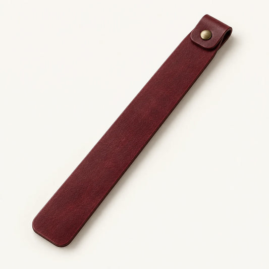 Burgundy long leather bookmark with one antique-brass-tone rivet