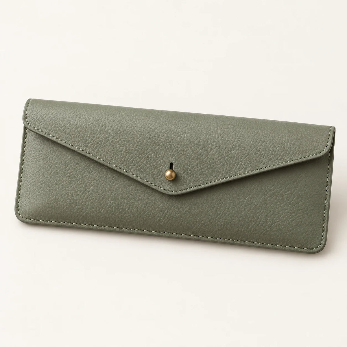 Sage-green leather envelope pencil case with one stud closure