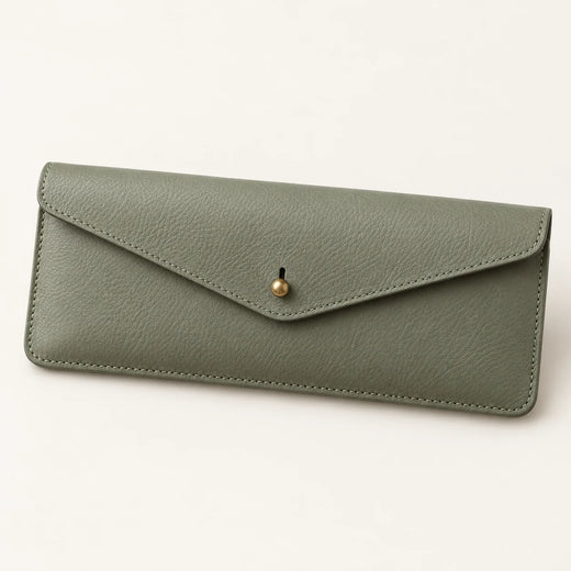 Sage-green leather envelope pencil case with one stud closure