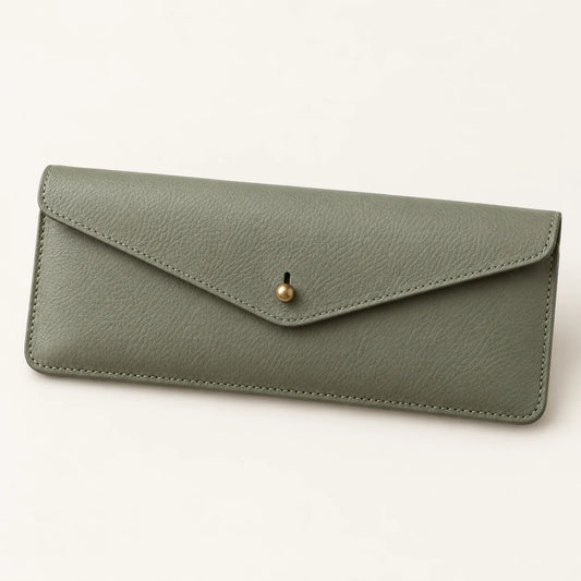Sage-green leather envelope pencil case with one stud closure
