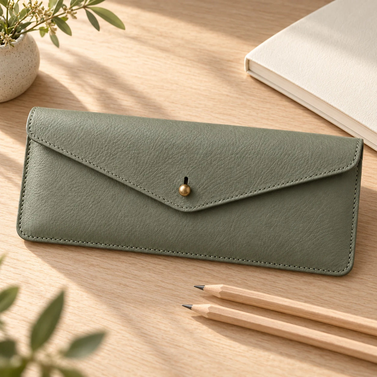 Leather envelope pencil case in a stationery scene; pencils and notebooks are props
