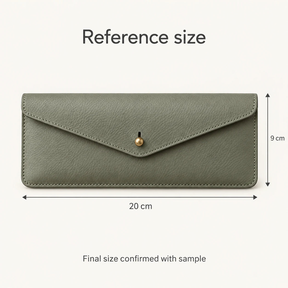 Reference closed pencil case size of 20 by 9 centimetres; final size confirmed with sample