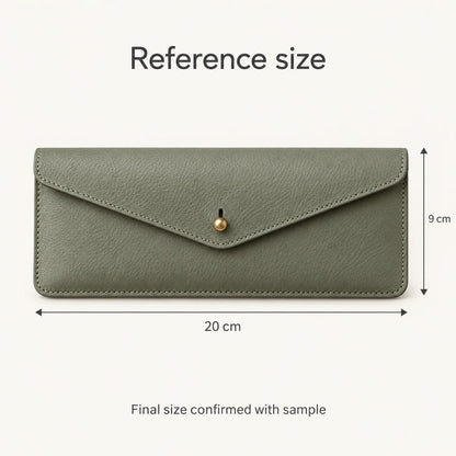 Reference closed pencil case size of 20 by 9 centimetres; final size confirmed with sample