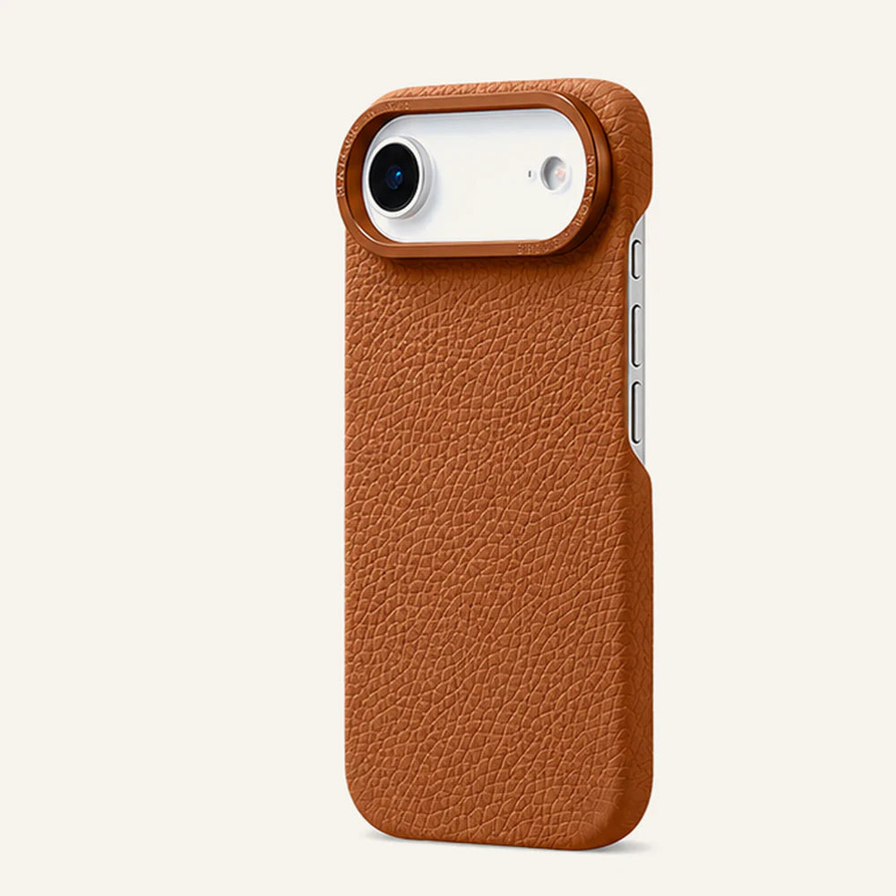 Brown top-grain leather iPhone 17 Air case angled view